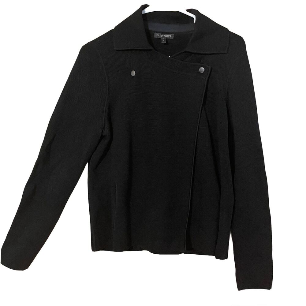 Eileen Fisher Womens Sz Small Asymmetrical Black Snap Sweater Jacket Silk Blend